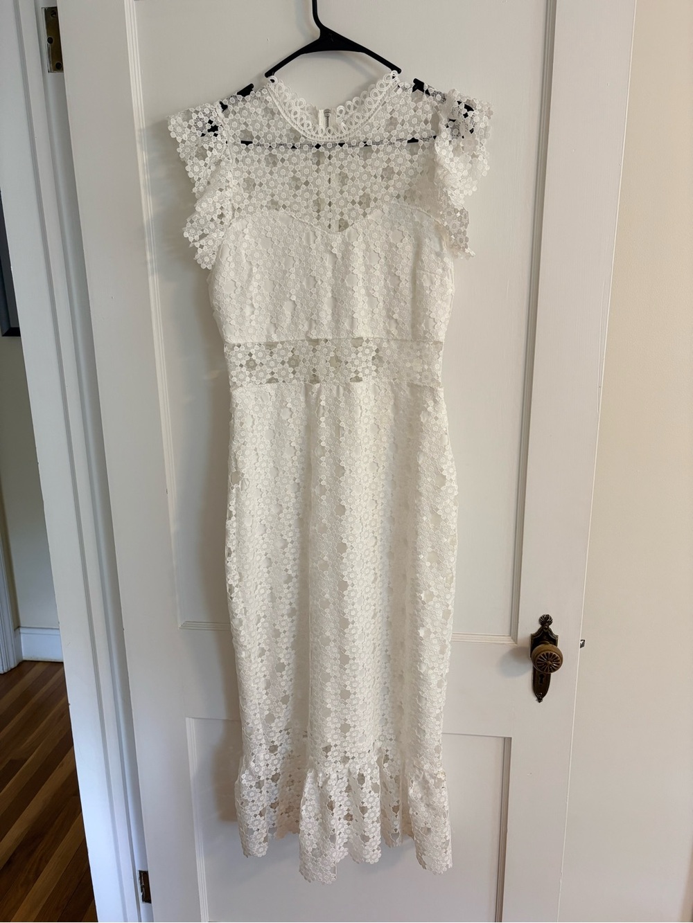 Women's White Lace Midi Dress with High Neck (RedDress) - Medium